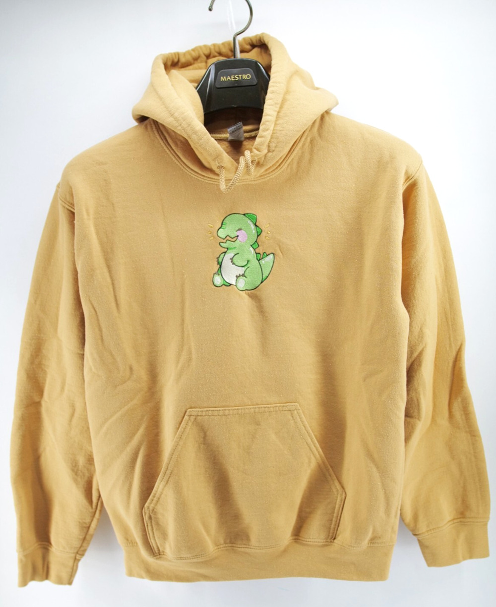 Dinosaur Embroidered Hoodie Brown Small Gildan